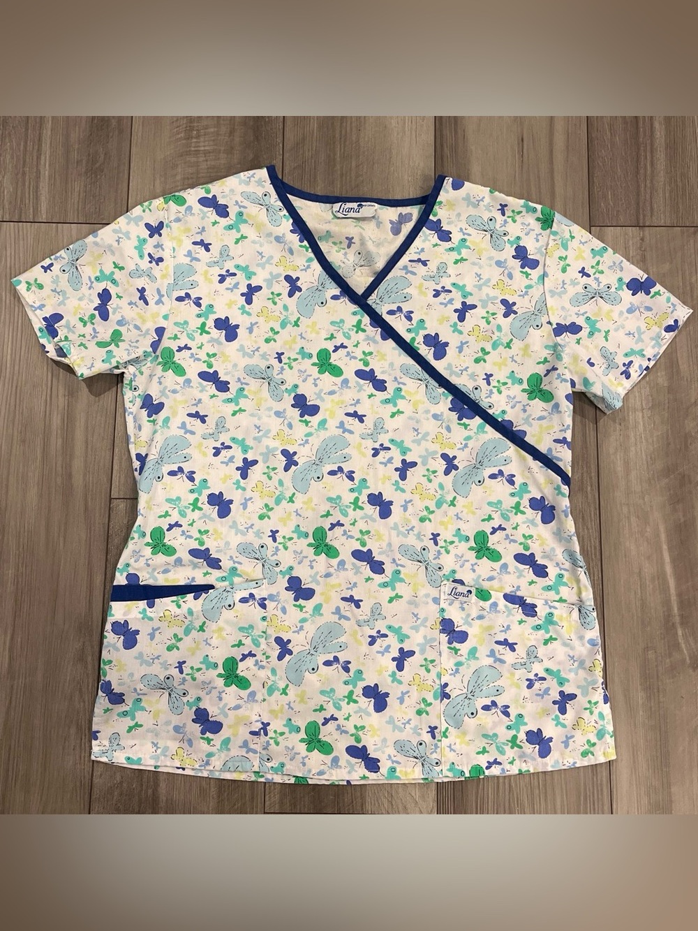 Liana Uniform White Butterfly & Floral Scrub Top with Blue Trim